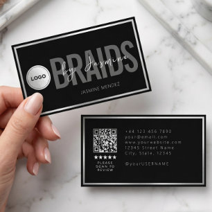 Cartão De Visita Salão de Tranças Preto e Branco Código QR Logo Tra