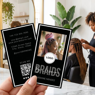 Cartão De Visita Salão de Tranças Verticais Preto Logotipo Foto Úni