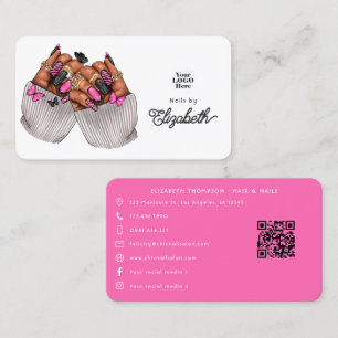 Cartão De Visita Salão de Unhas Afro-Americano Ousado Rosa-Intenso
