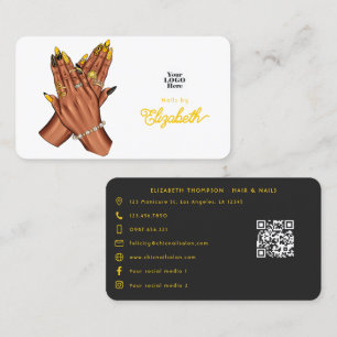 Cartão De Visita Salão de Unhas Afro-Americano Preto e Amarelo Ousa