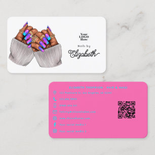 Cartão De Visita Salão de Unhas Afro-Americano Rosa-Intenso e Turqu