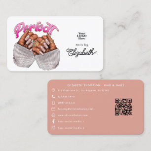 Cartão De Visita Salão de Unhas Afro-Americano Rose Gold e Rosa