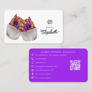 Cartão De Visita Salão de Unhas Afro-Americano Roxo Elegante