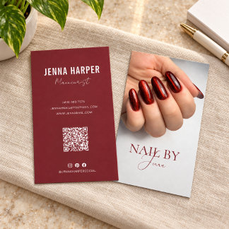 Cartão De Visita Salão de Unhas Burgundy Minimalista Manicure Retra