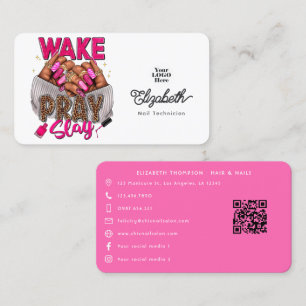 Cartão De Visita Salão de Unhas Hot-Pink Wake, Pray, Slay