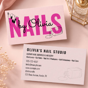 Cartão De Visita Salão de Unhas Moderno Rosa Bege Script Linha-Art