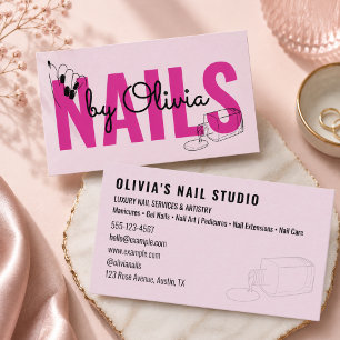 Cartão De Visita Salão de Unhas Moderno Rosa Bege Script Linha-Art