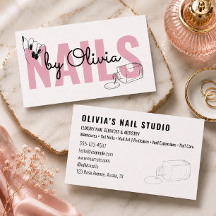 Cartão De Visita Salão de Unhas Moderno Rosa Bege Script Linha-Art