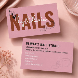 Cartão De Visita Salão de Unhas Moderno Rosa Bege Script Linha-Art