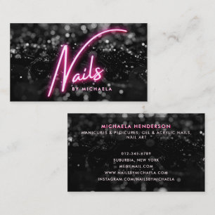 Cartão De Visita Salão de Unhas Pink Neon & Black Glitter