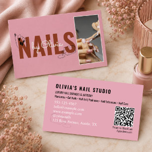 Cartão De Visita Salão de Unhas Pink Script Photo Qr-Code Line-Art