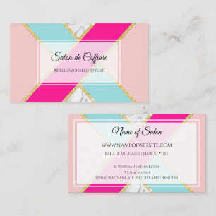 Cartão De Visita Salão Elegante Rosa e Azul Brilhante e Marble