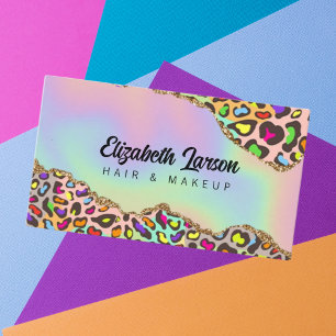 Cartão De Visita Salão Holográfico Iridescente do Cabelo Chic Leopa