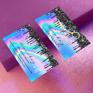 Cartão De Visita Salão preto de cabelo holográfico tesoura