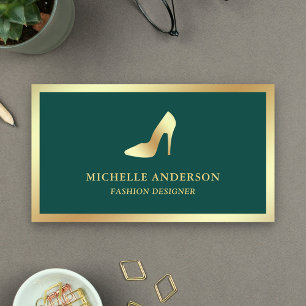 Cartão De Visita Saltos Altos Stilettos Folheados Verde e Dourado