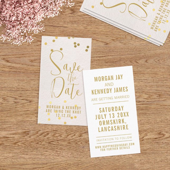 Cartão De Visita Salvar A Data Com Placas Confetti 100 Douradas, Co (A cost effective business card sized pretty blush pink Save the Date with space for your details)