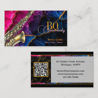 Cartão De Visita Saxofone Jazz Moderno Dourado & Código QR, Monogra