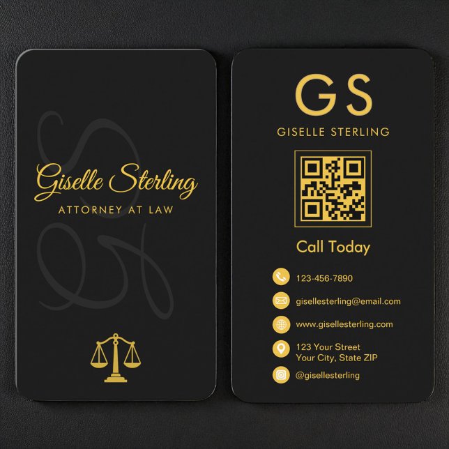 Cartão De Visita Scales of Justice Black Gold Attorney at Law (Criador carregado)