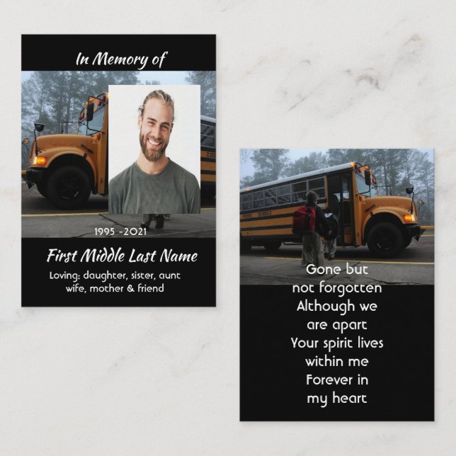 Cartão De Visita School Bus Driver Memorial Keepsake  (Frente/Verso)