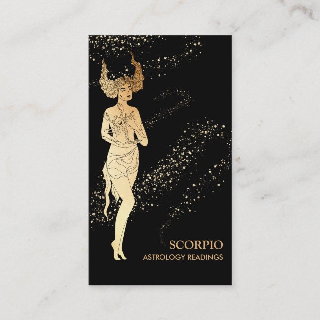 Cartão De Visita *~* SCORPIO Zodiac Astrologia Lendo Preto Dourado (Frente)