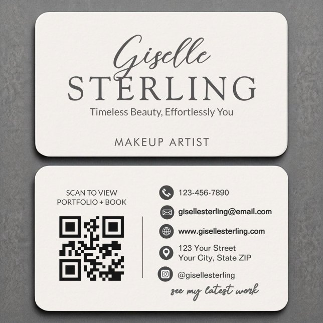 Cartão De Visita Script branco marfim elegante de código QR moderno (Criador carregado)