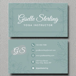 Cartão De Visita Script de Arte de Linha Floral Teal Instrutor Yoga