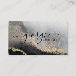 Cartão De Visita Script de Assinatura Aquarela Preto Dourado Mármor