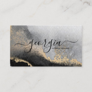 Cartão De Visita Script de Assinatura Aquarela Preto Dourado Mármor