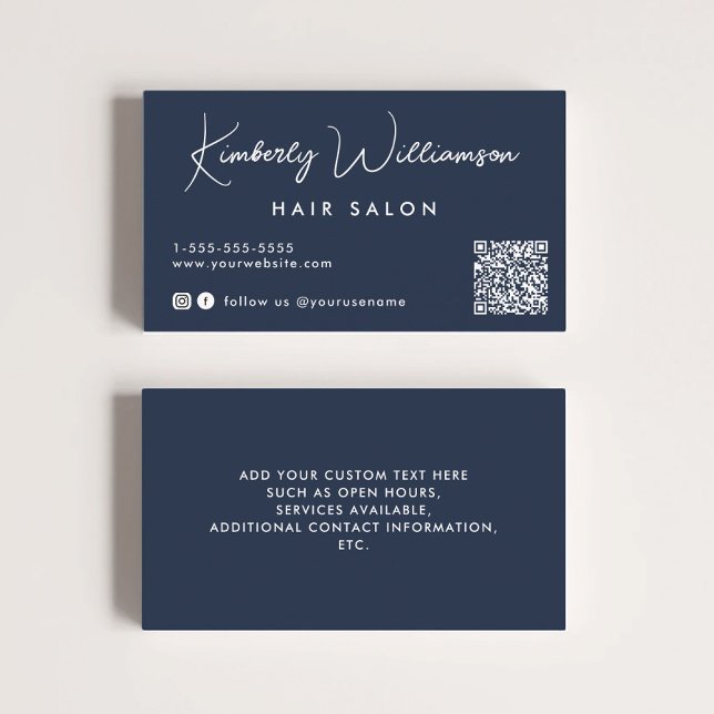 Cartão De Visita Script de Assinatura Chic Código QR Azul (Empower your name in our signature script as your logo and brand identity)