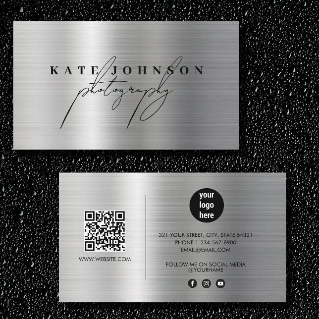 Cartão De Visita Script de Assinatura Metálico Código QR Mídia Soci (Metallic Signature Script QR Code Social Media Business Card)
