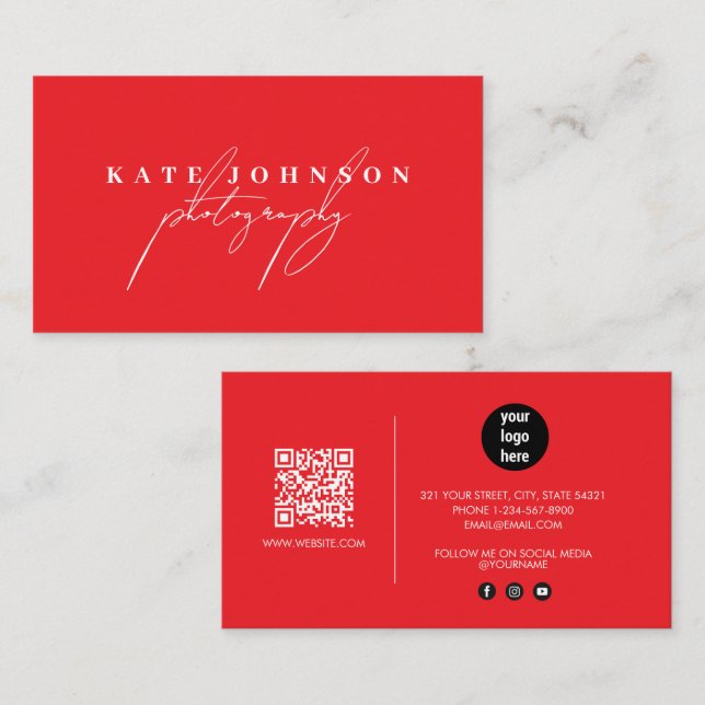 Cartão De Visita Script de assinatura vermelha QR Code Mídia social (Frente/Verso)