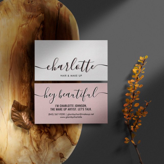 Cartão De Visita Script de Caligrafia Rosa Pálida Moderna (Criador carregado)