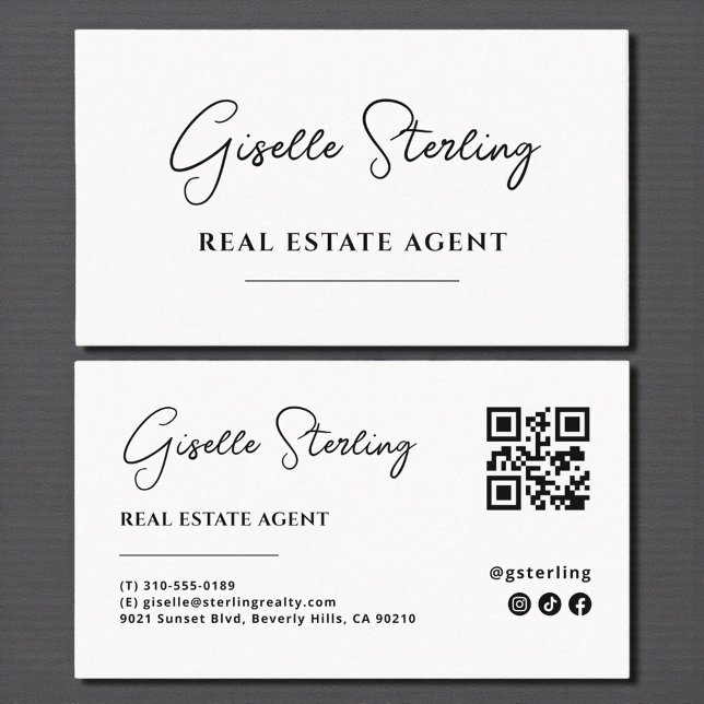 Cartão De Visita Script de código de QR do agente imobiliário minim (Criador carregado)