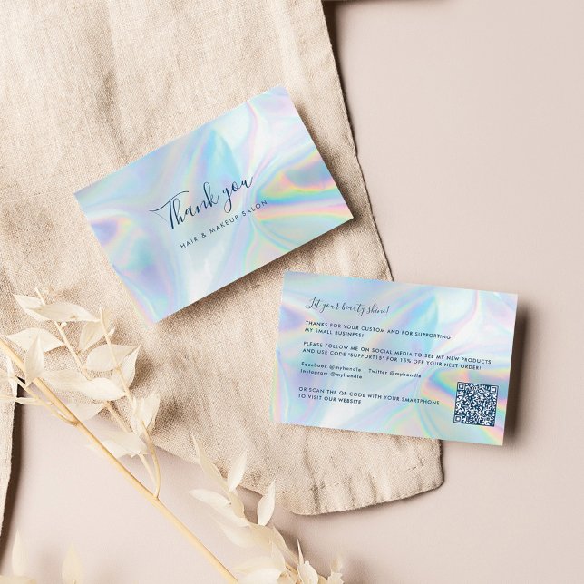Cartão De Visita Script de Código QR de Salão de Beleza Holográfica (Business Thank You Card with Custom QR Code)