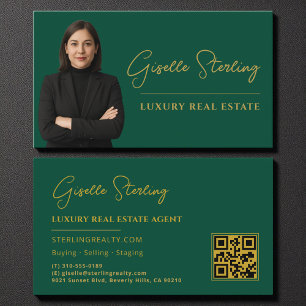 Cartão De Visita Script de Código QR Dourado do Real Estate Emerald