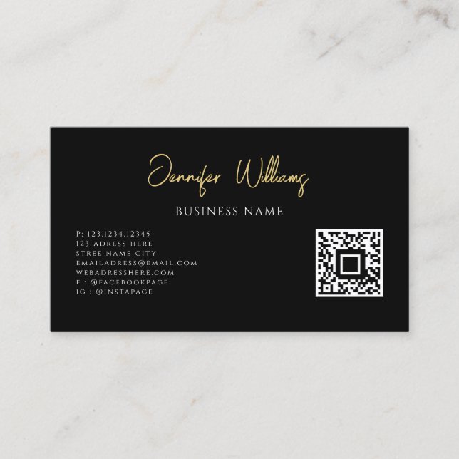 Cartão De Visita Script de Código QR Personalizado Preto e Branco M (Frente)