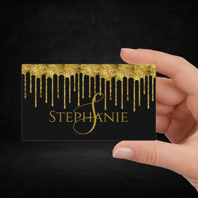 Cartão De Visita Script de Drives de Glitter Dourado Clássico (Classy Gold Glitter Drips Script Business Card)