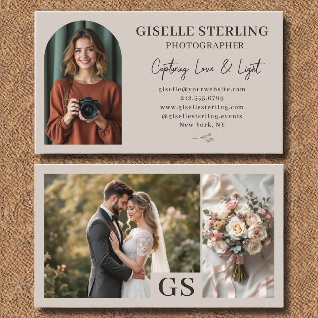 Cartão De Visita Script de Foto Elegante Neutro do Taupe Profession (Criador carregado)