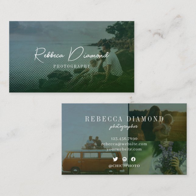 Cartão De Visita Script de Fotografias do Modern Emerald Green Over (Frente/Verso)