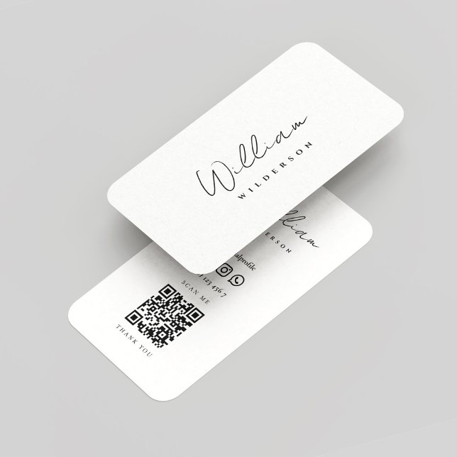 Cartão De Visita Script de Nome Branco e Preto do Monograma Moderno (Modern Monogram Black and White Name Script QR Business Card
)