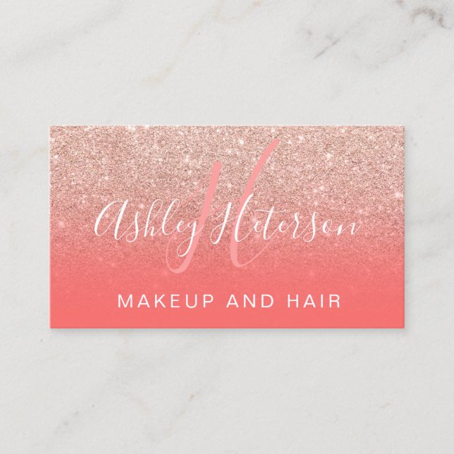 Cartão De Visita Script de rosa dourado de monograma de maquiagem (Frente)