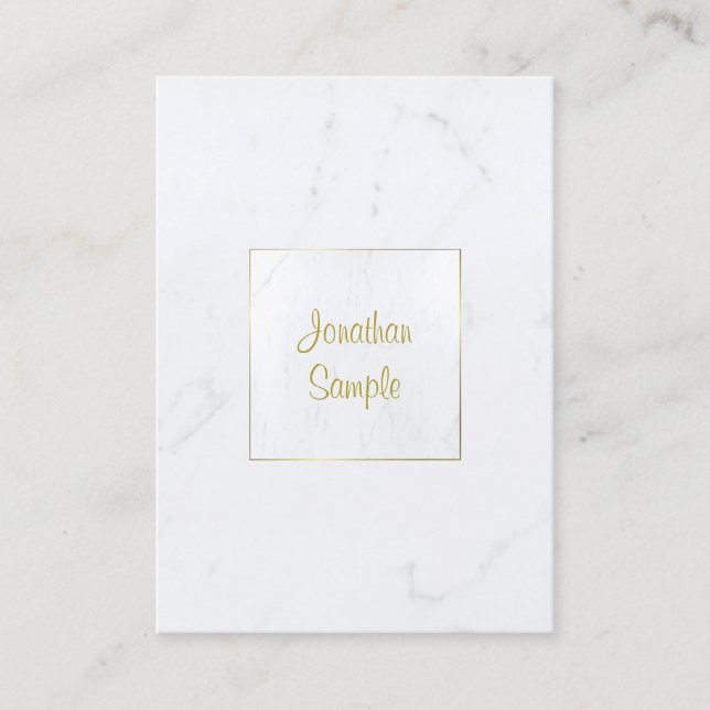 Cartão De Visita Script Dourado de Mármaco Branco Elegante Simples  (Frente)