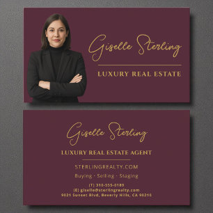 Cartão De Visita Script Dourado do Luxury Real Estate Burgundy