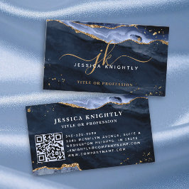 Cartão De Visita Script Dourado do Monograma de Geodo de Agato Azul