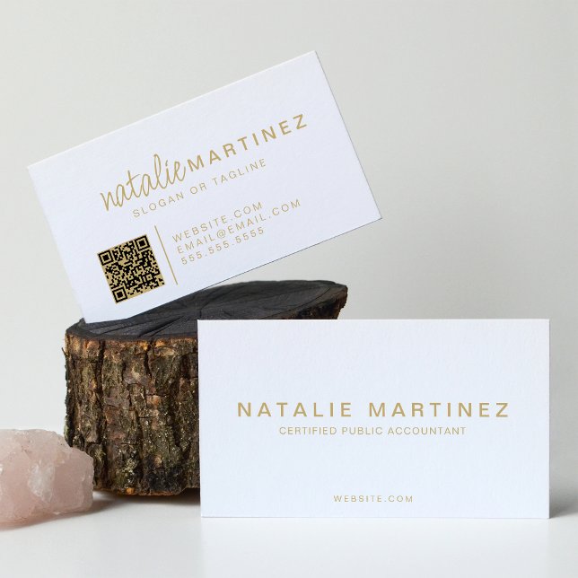 Cartão De Visita Script Dourado e branco elegante de código QR prof (Criador carregado)