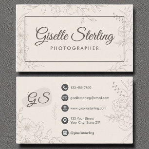 Cartão De Visita Script Elegante Fotógrafo Neutral Ivory Floral