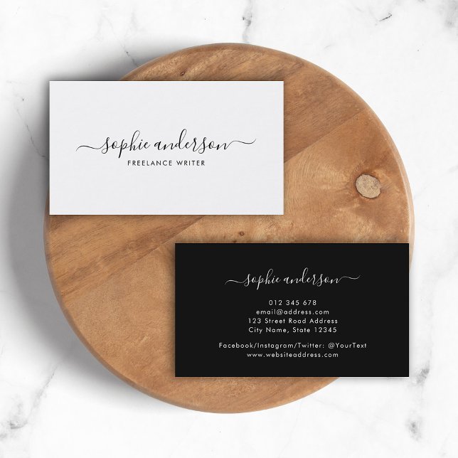Cartão De Visita Script Elegante Simples, Branco e Preto (Criador carregado)
