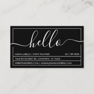 Cartão De Visita Script Hello Preto mínimo moderno e Na moda