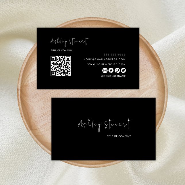 Cartão De Visita Script Minimizado Qr Code Professional Black (Criador carregado)