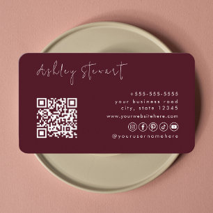 Cartão De Visita Script Mínimo do Logotipo do Código Qr da Burgundy